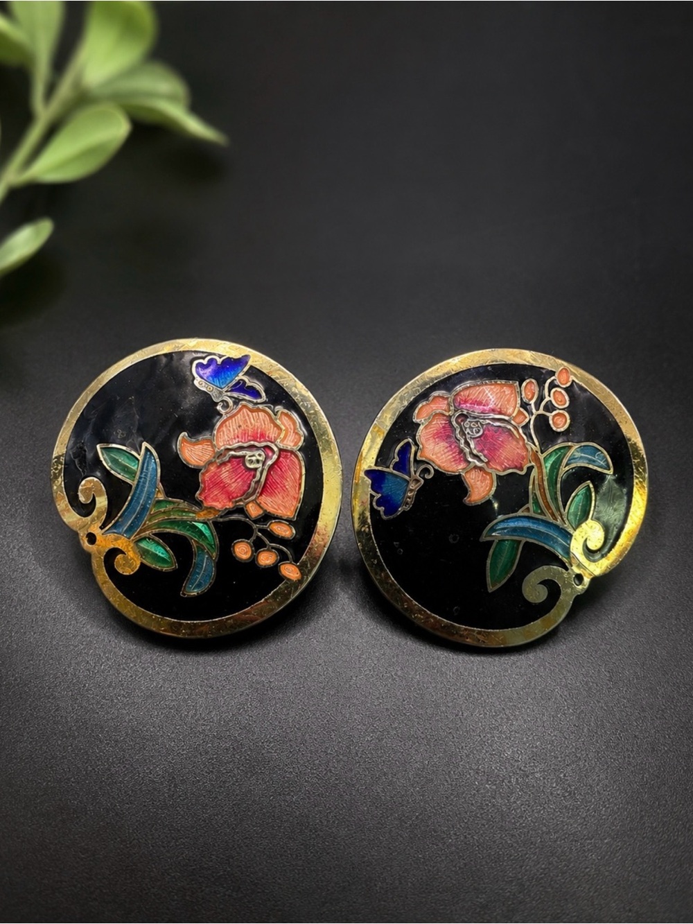 Vintage Cloisonné Style Floral Enamel Earrings Black Gold Tone Round Butterfly